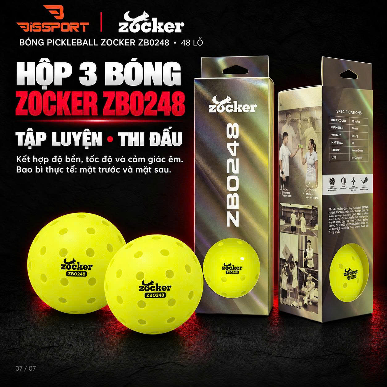 Quả Bóng Pickleball Zocker ZB0248 Chính Hãng - Độ Bền Ổn Định - Đường Bay Chuẩn - Cảm Giác Đánh Chắc Tay - 48 Lỗ